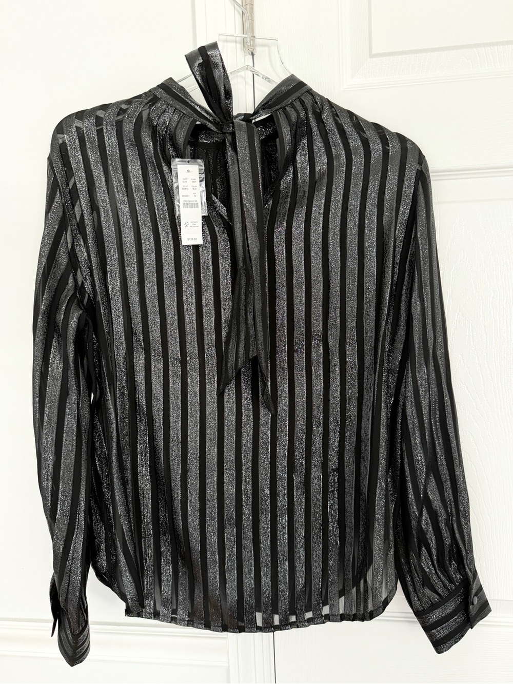 J.Crew Black Metallic chiffon mockneck top sheer Stripes back tie size M New